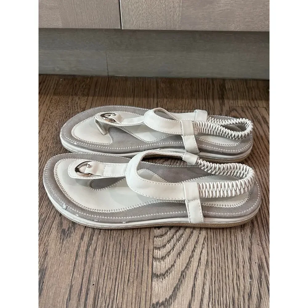 SOCOFY Bohemian T Strap Thong Sandals Beige Ankle Elastic Women Sz EU 40 US 9